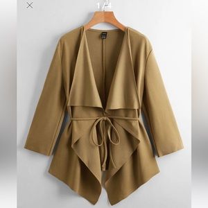 Draped Collar Self Belted Open Front Coat